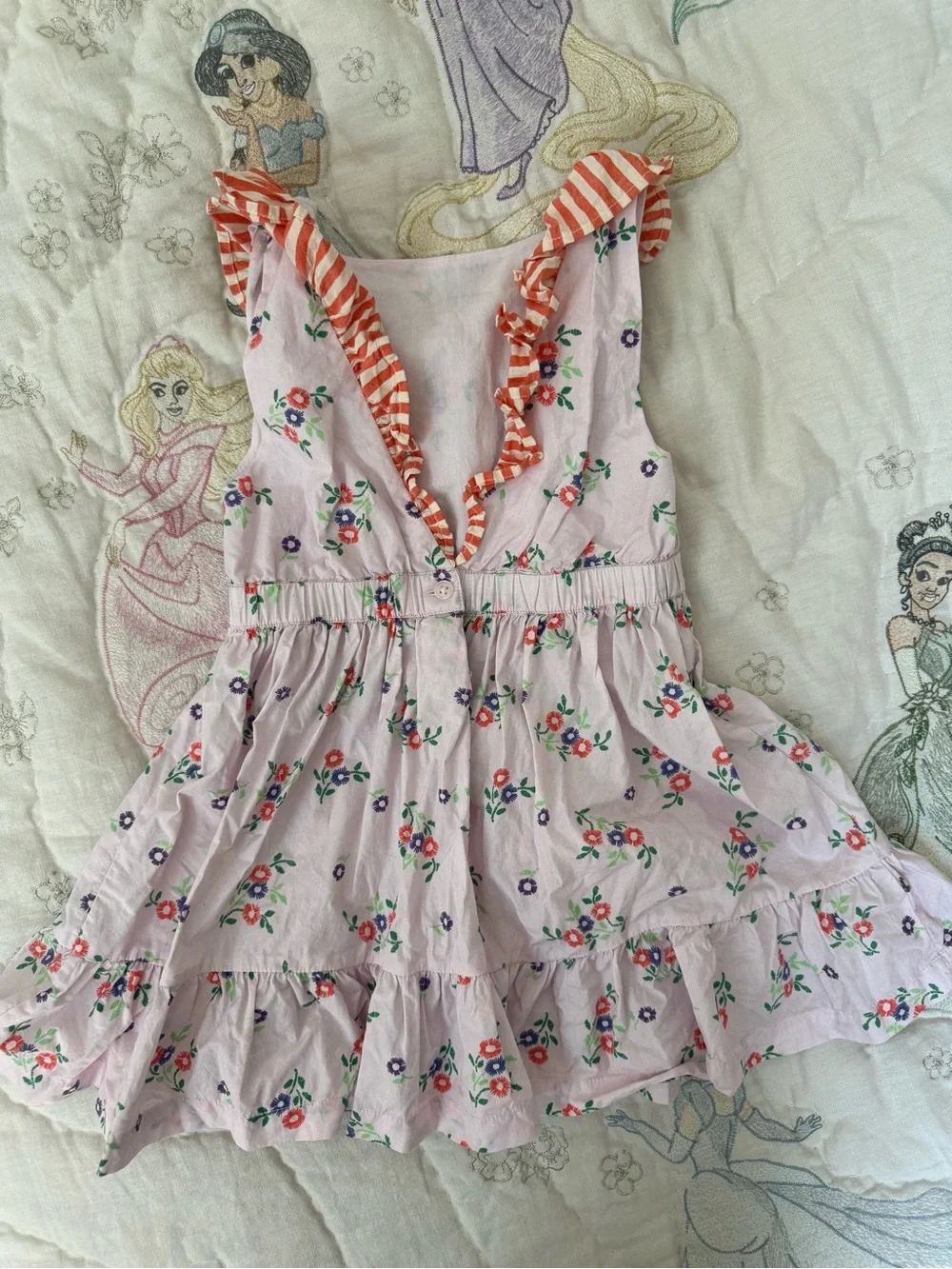 Girls Light Pink Floral Ruffle Dress with Striped Accent